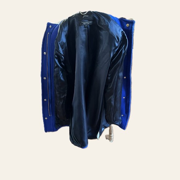 J.Crew Italian Stadium Cloth Wool Blend Hooded Coat Blue Faux Fur Trim Sz 8 - Picture 6 of 10